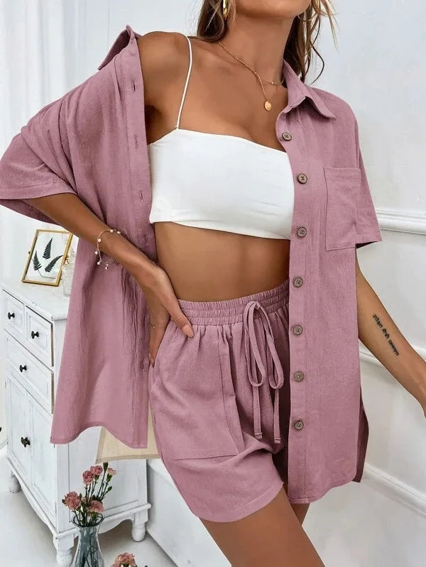 Long Sleeve Single breasted Top Broad legged Shorts Set Fashion Ladies Sexy Solid Suits 2024 Summer 2 Piece Outfits For Women