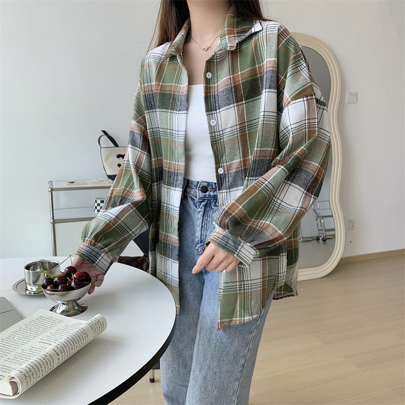 Women Tartan Shirt Long Sleeve Collared Button Up Oversized Plaid Shirt Jacket Grunge Fashion Teenage Girl Spring Summer Outfit