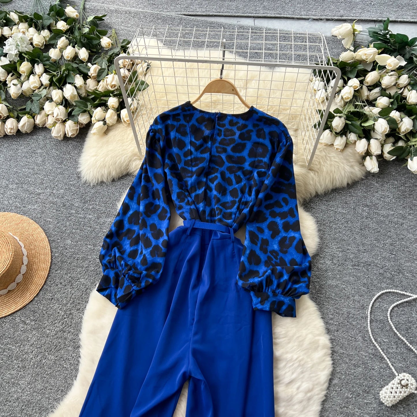 SINGREINY Autumn Leopard Long Jumpsuits V Neck Long Sleeves Belt Wide Legs Pants Women American Retro Senior Office Lady Rompers