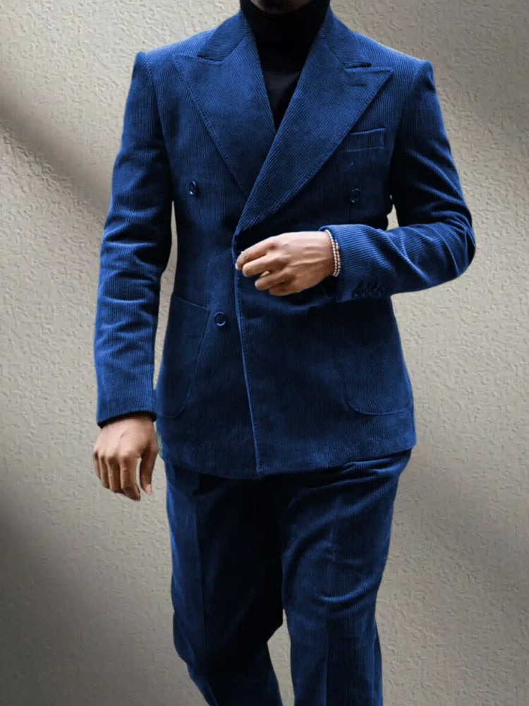 Autumn Winter Corduroy Men's 2 pieces suit Man blue suit Jacket suit Pants Suit Thick top for Wedding Banquet Business