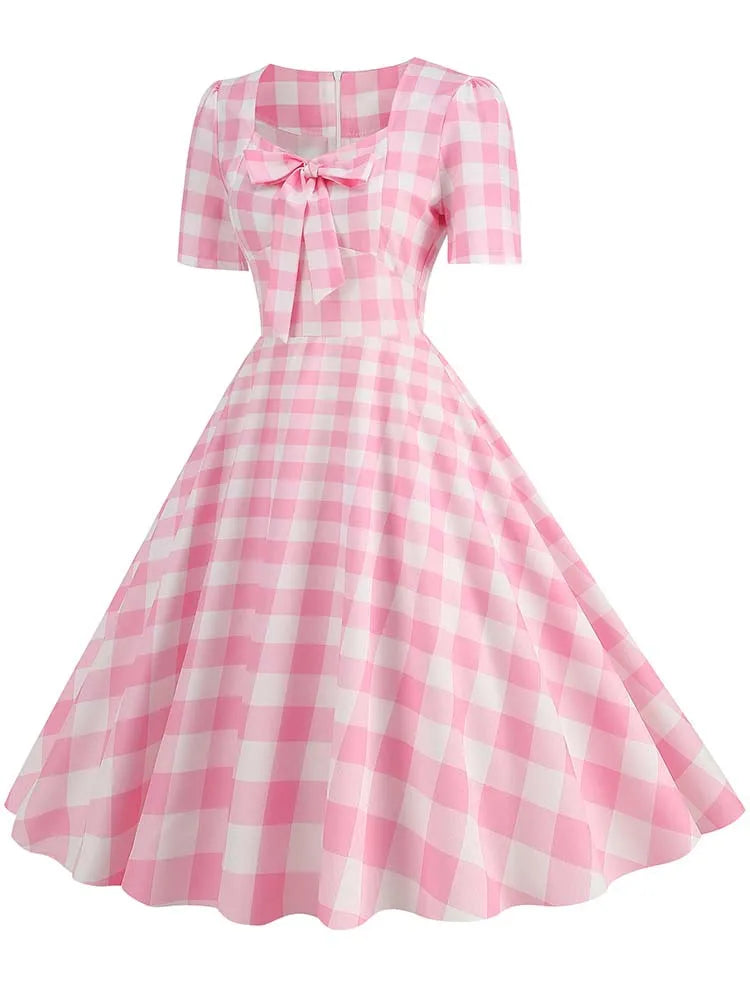 Green Plaid Swing Party Dresses Women Elegant Vintage Square Collar Short Sleeve Casual Summer Dress