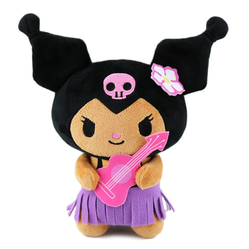 20cm Anime Sanrio Plush Doll Hello Kitty Kuromi My Melody Hawaii Limited Black Leather Kitty Plush Doll Christmas Gift