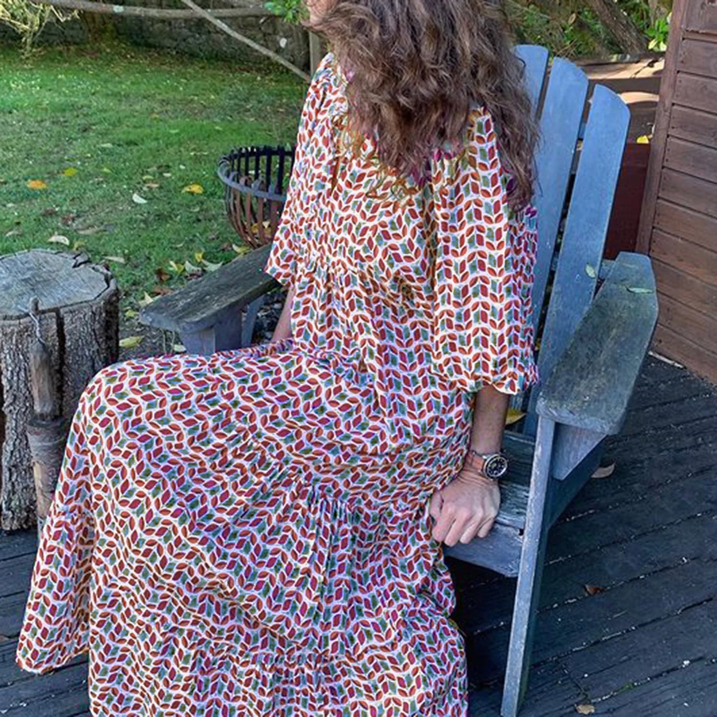 Women's Summer Casual Fashion Geometric Print Neckline Lace-up Bubble Middle-sleeves Ruffle Stitching Big Swing Long Losse Dress