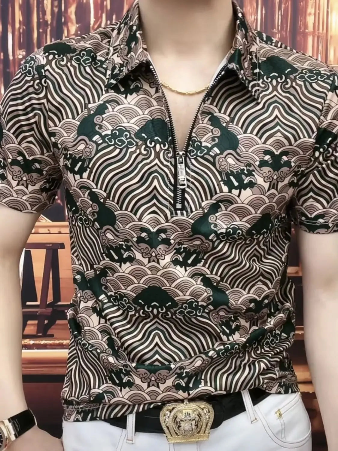 New Chinese Trend Leading Half-zip Men's Short-sleeved Shirt, Hong Kong Style Top