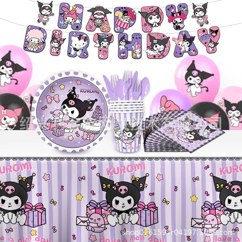 Kuromi Theme Birthday Party Decoration Kid Shower Sanrio Girl Tableware Supplies Tablecloth Number Balloon Cake Topper Gift