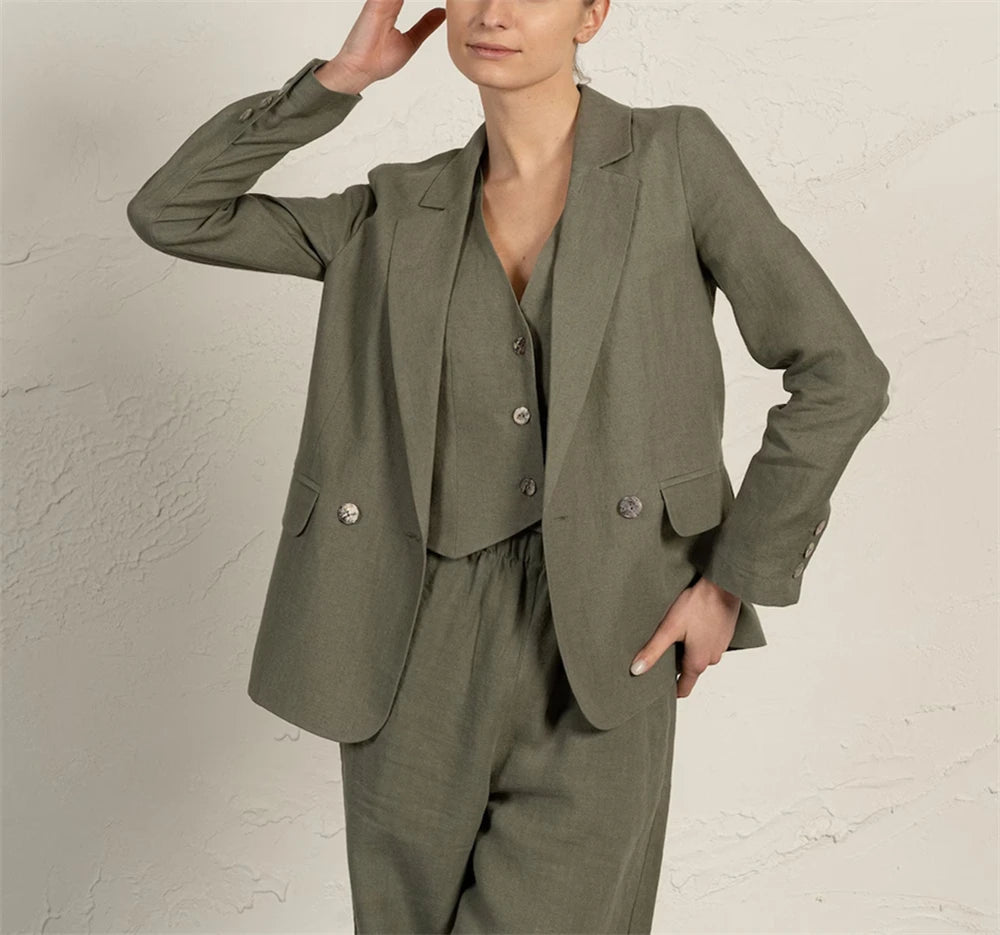 Summer Women's Suit 3 Pcs Linen Lady Business Office Suits Slim Fit Womens Tuxedo Casual Suits 2025 (Blazer +Vest +Pants)