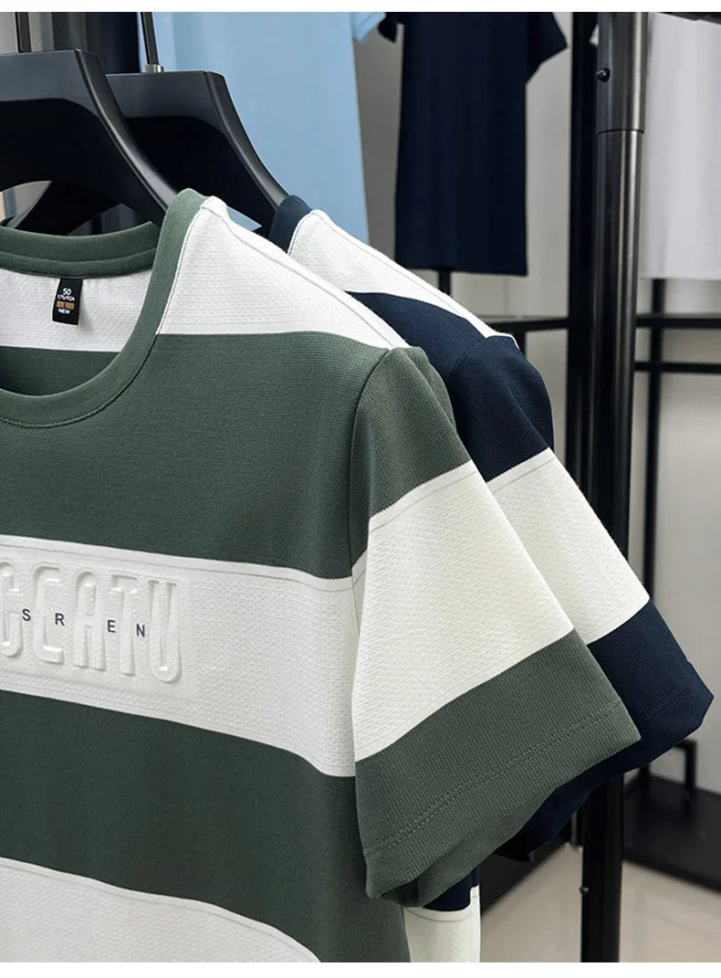 Top Grade Yarn Dyed Striped New Summer Tops Designer Round Neck Tshirt Men 2025 Brand Short Sleeve Casual Fashion Men Clothing