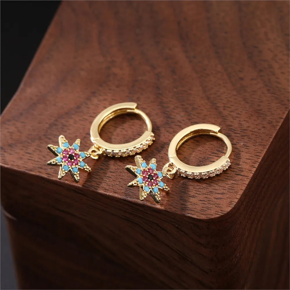 Light Luxury Copper Inlaid zircon Octagonal Star Pendant Hoop Earrings for Women Eleagnt Dangle Earring Party Jewelrys Gifts