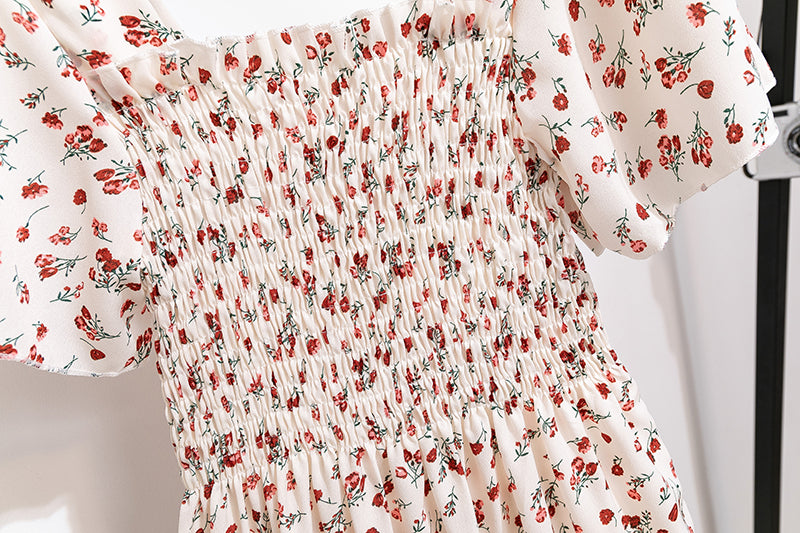 Summer Autumn Fashion Female Short Sleeve Elastic Waist Printed Floral A-line Midi Dress Women Chiffon Dresses Casual Dress