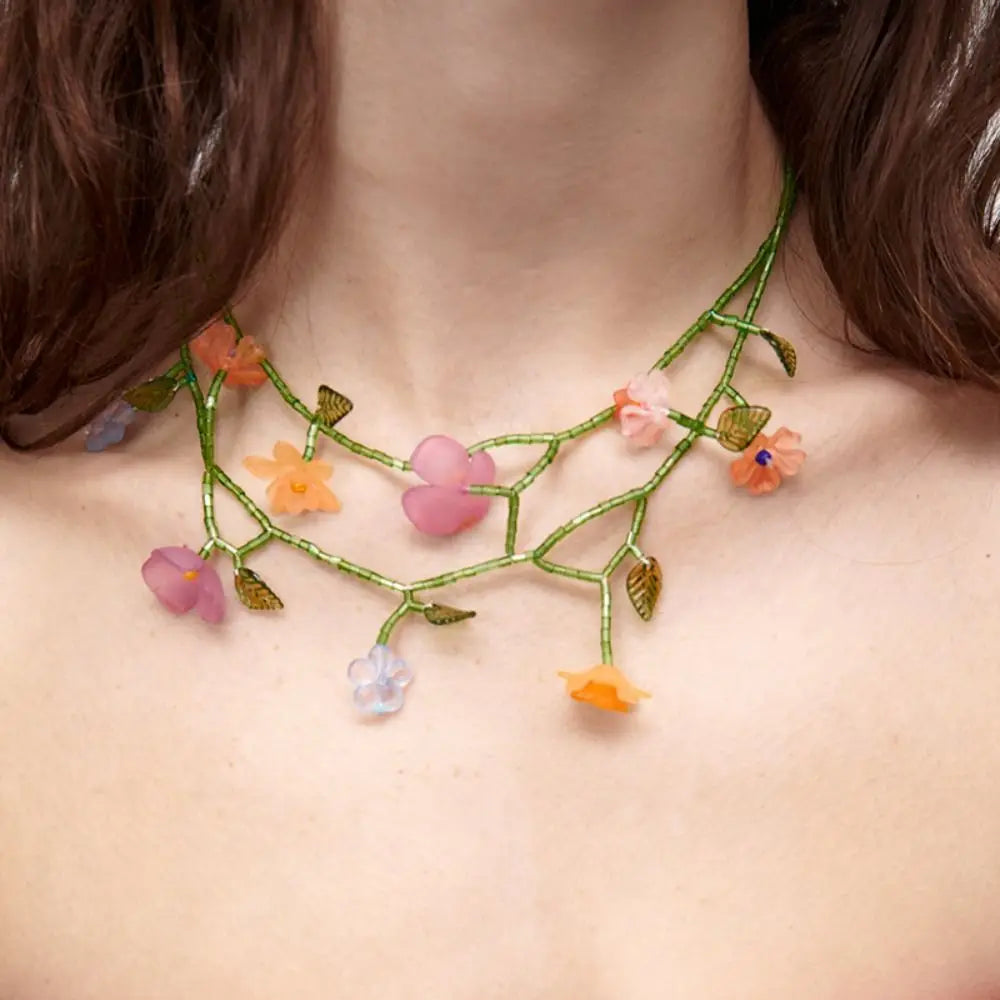 Handmade Resin Flower Necklace Sweet Korean Style Minority Design Asymmetric Earrings Alloy Tassel Beaded Dangle Earring Women