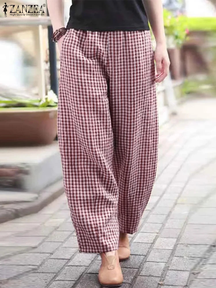 ZANZEA 2025 チェック柄パンツ レディース ファッション ランタンパンツ カジュアル ルーズ ロングパンツ 夏 ポケット 伸縮性ウエスト ボトムス オーバーサイズ