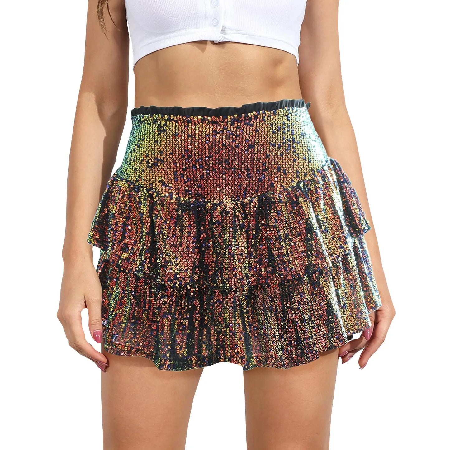 2024 Fashion Party Evening Clothes for Women Summer Sexy Elastic High Waist Sequin Mini Pleated Skirts Streetwear Short Dress