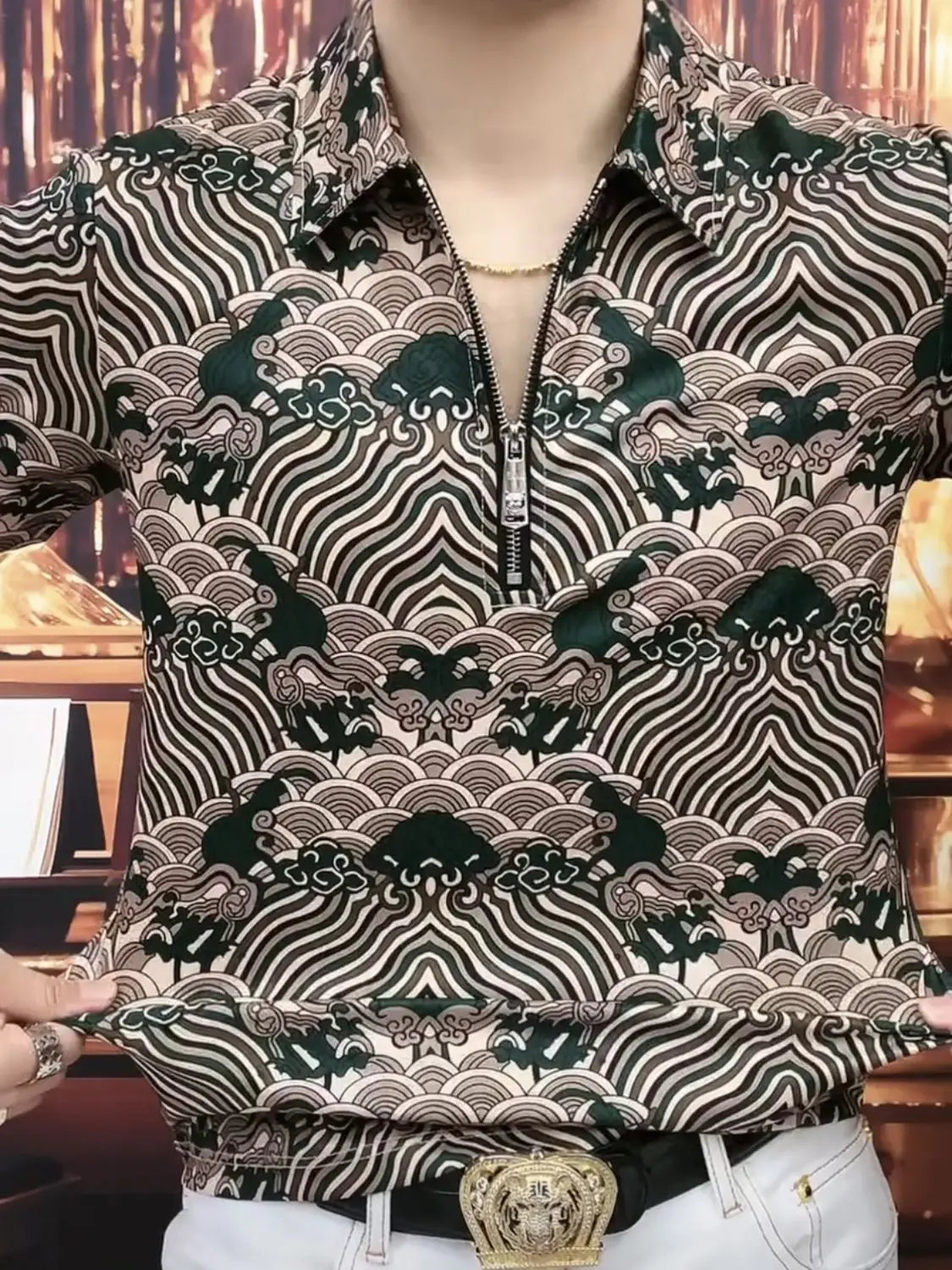 New Chinese Trend Leading Half-zip Men's Short-sleeved Shirt, Hong Kong Style Top