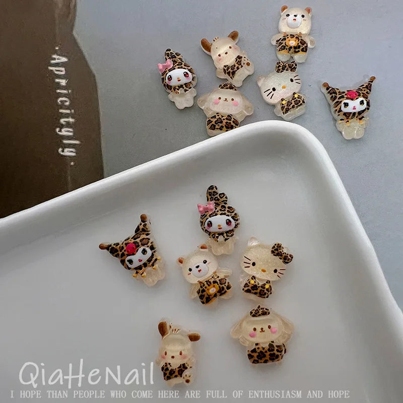Sanrio Hello Kitty, Melody & Kuromi Cartoon Nail Accessories - 10PCS Cute Mini Resin Trinkets, Leopard & Maillard Print Pattern,