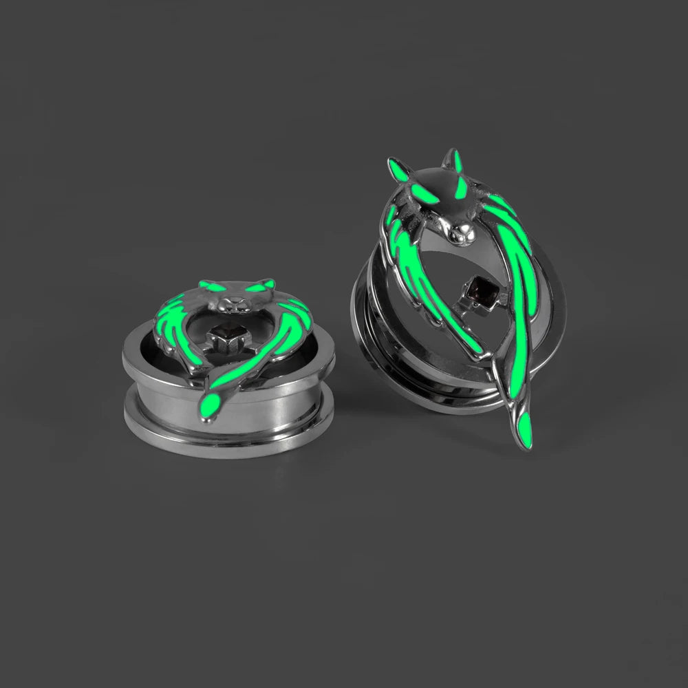 1PC Stainles Steel Luminous Wolf Head Red CZ Ear Plugs Expanders Screw Ear Gauge Earring Gauges Stretchers Body Piercing Jewelry