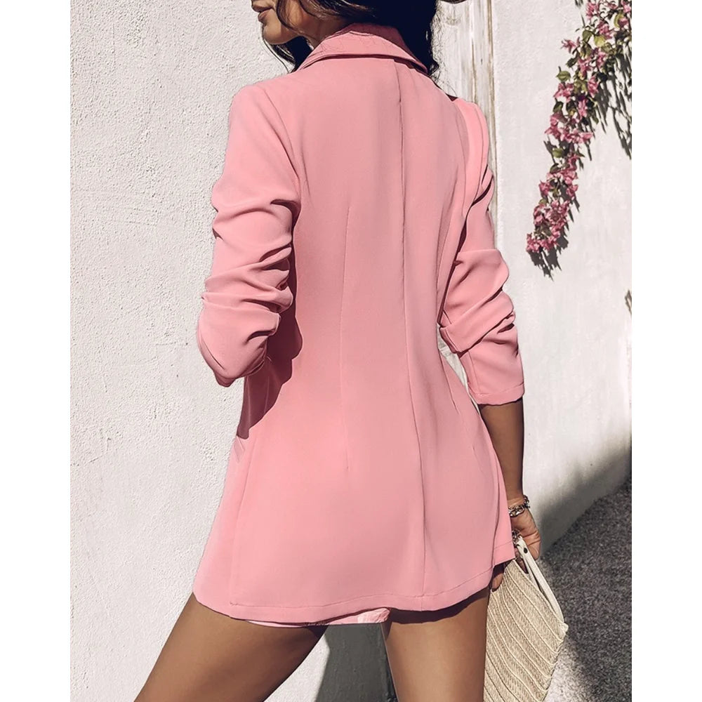 Summer Women 2 Pieces Outfit Long Sleeve Blazer and Floral Print Casual Shorts Set With Belt