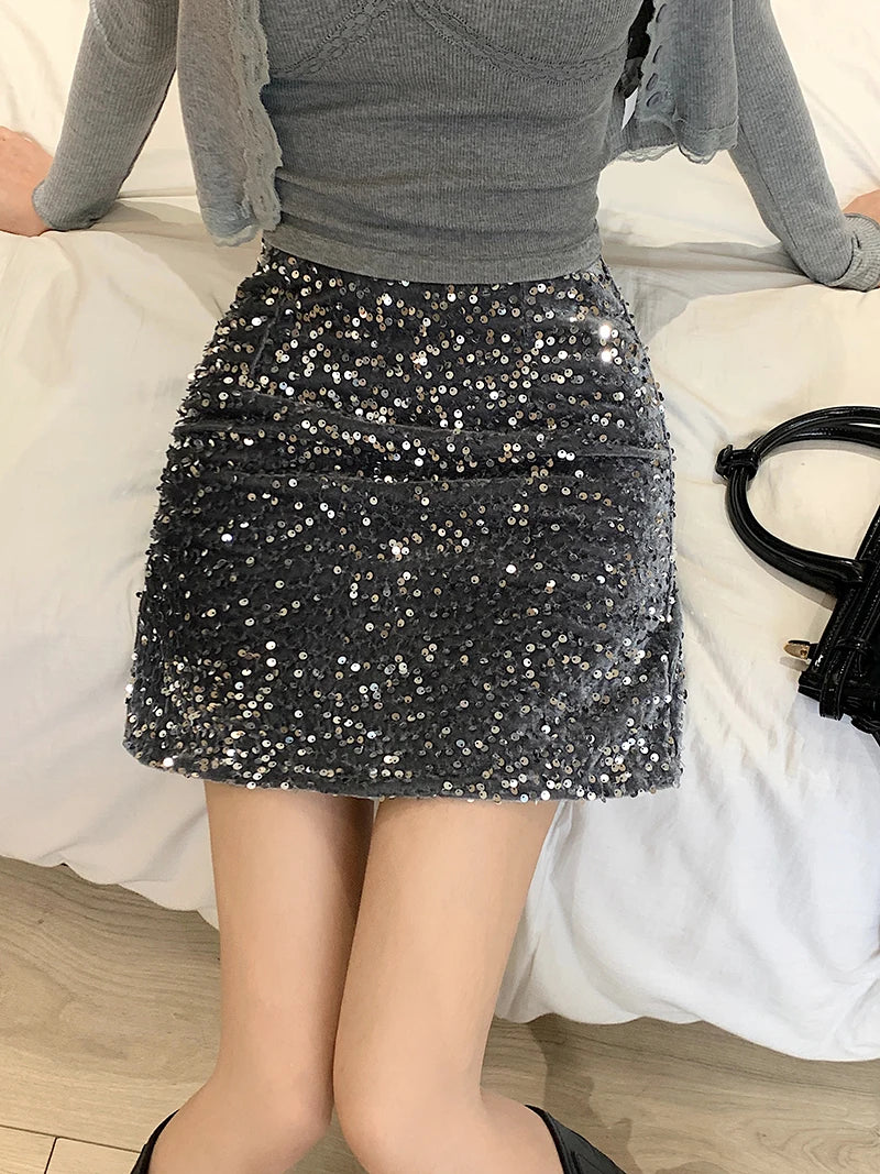 High Waist Sequined Casual A Line Skirts Women 2025 Elegant Korean Fashion Y2k Clothes Sweet Kawaii Black Micro Skirt Harajuku