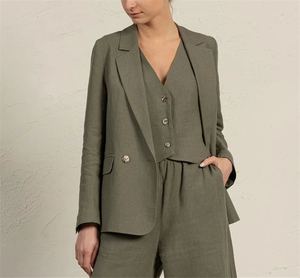 Summer Women's Suit 3 Pcs Linen Lady Business Office Suits Slim Fit Womens Tuxedo Casual Suits 2025 (Blazer +Vest +Pants)