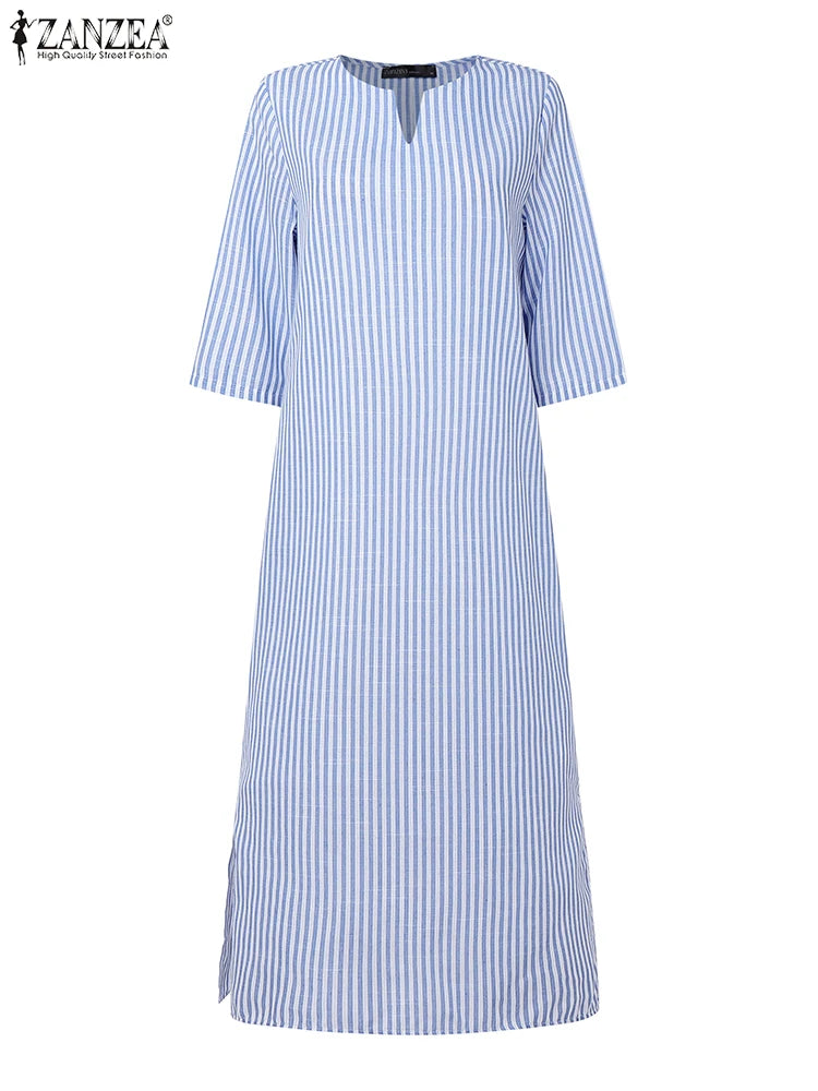 2025 Autumn Striped Dresses ZANZEA Fashion Women V Neck Long Sleeve Work Dress Elegant Office OL Sundress Maxi Long Vestido Robe