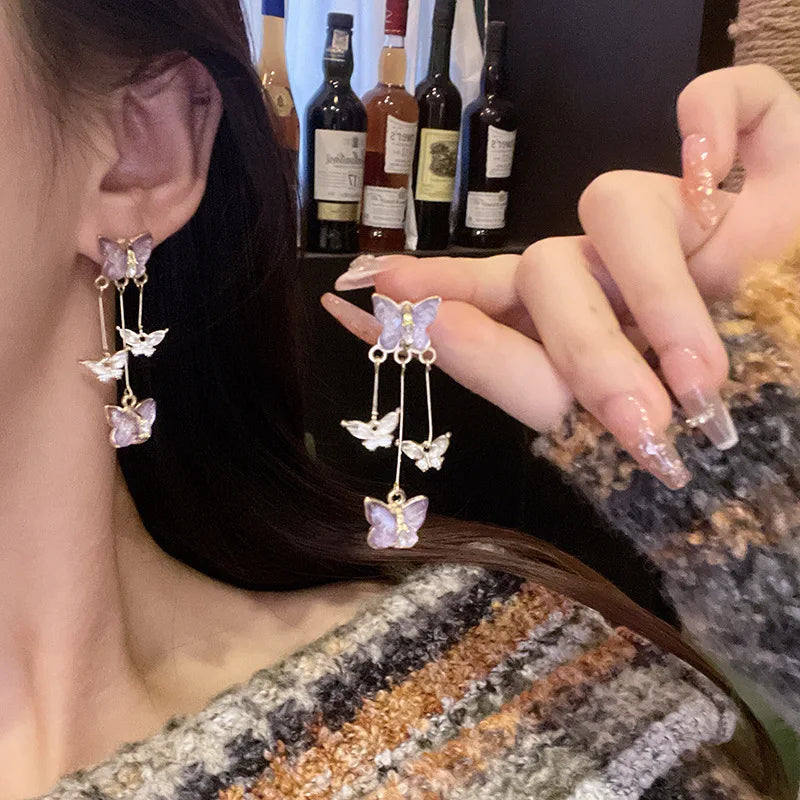 925 Silver Needle Purple Butterfly Long Tassel Earrings For Women Jewelry 2025 Trending Korean Fashion Luxury Crystal Earrings
