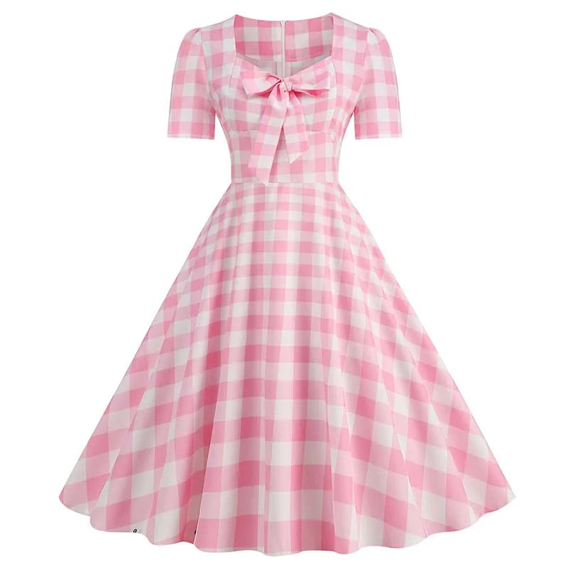 Green Plaid Swing Party Dresses Women Elegant Vintage Square Collar Short Sleeve Casual Summer Dress