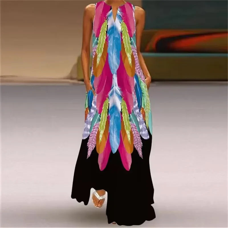 Spring Summer Long Dress Womens Long Casual Party Dresses Women Clothing Casual A-Line Printing V-Neck Pockets Maxi Dress Autumn