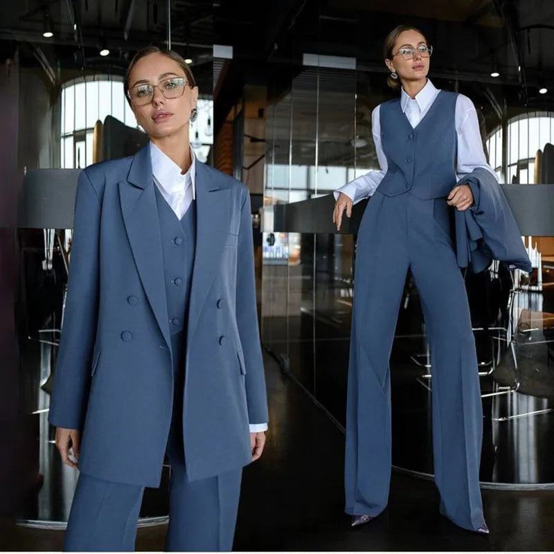 High Quality Solid Color Women's Suits Blazer Fashion Slim Fit Double Breasted Peak Lapel 3 Piece Jacket Pants Vest Full Sets