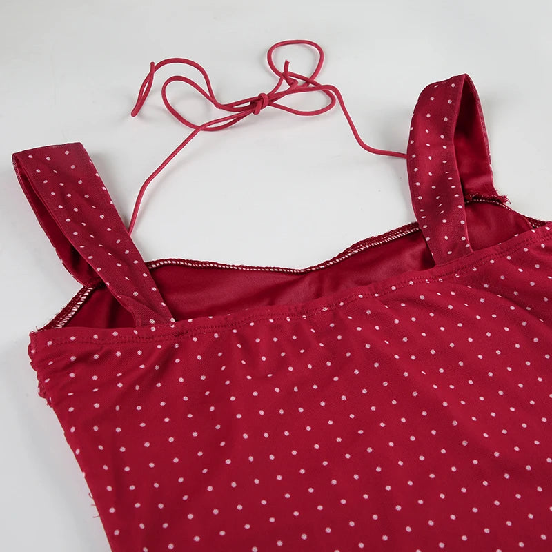 SUCHCUTE Elegant Polka Dot Print Backless Party Dresses Women Causal Sleeveless Beach Dress Vestidos Summer Sundress Sexy Robe