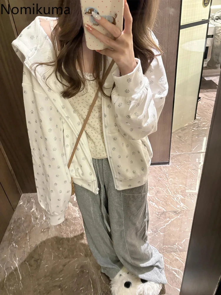 Cat's Ears Hooded Sweatshirts Women's Clothing Cute Y2k Tops 2025 Roap Mujer Cartoon Print Casual Fashion Japanese Hoodie Coat