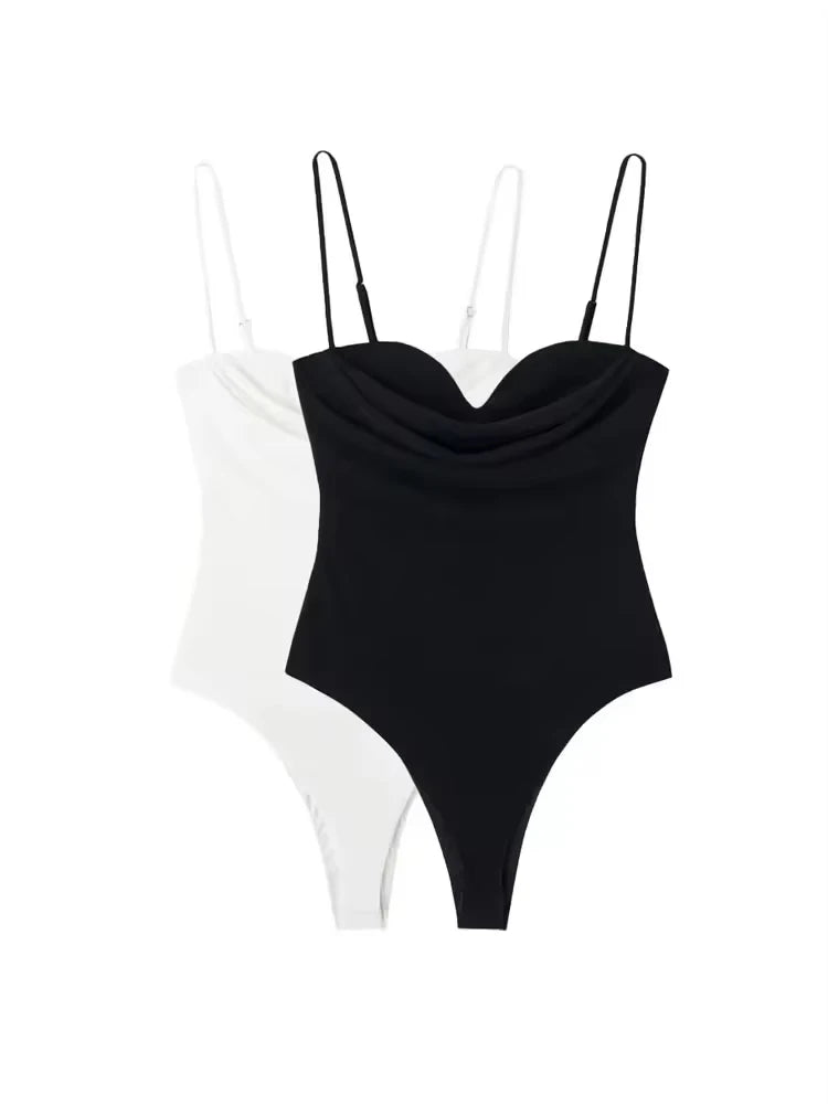 TRZA Women Sexy Fashion With Sweetheart Neck Draped Bodysuits Backless Zipper Thin Straps Female Playsuits Mujer
