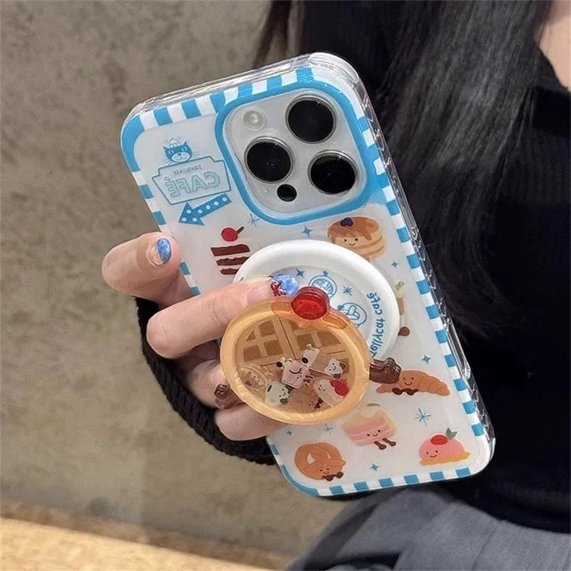 豪華でキュートなワッフルケーキのMagSafeワイヤレス充電ケース、iPhone 13 14 15 16 Pro Max用、面白い漫画ワッフルシェイクマグネットホルダー