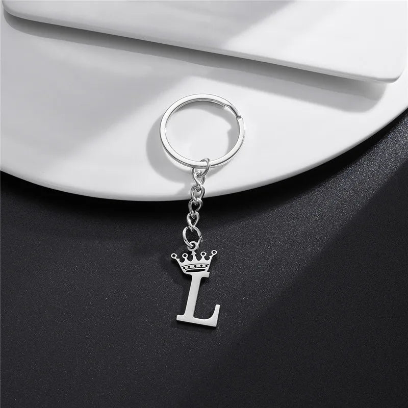 Fashion Crown A-Z Letters Pendant Keychains for Lovers Silver Color 26 Alphabet Keyring Women Car Key Ring Unique Name Jewelry
