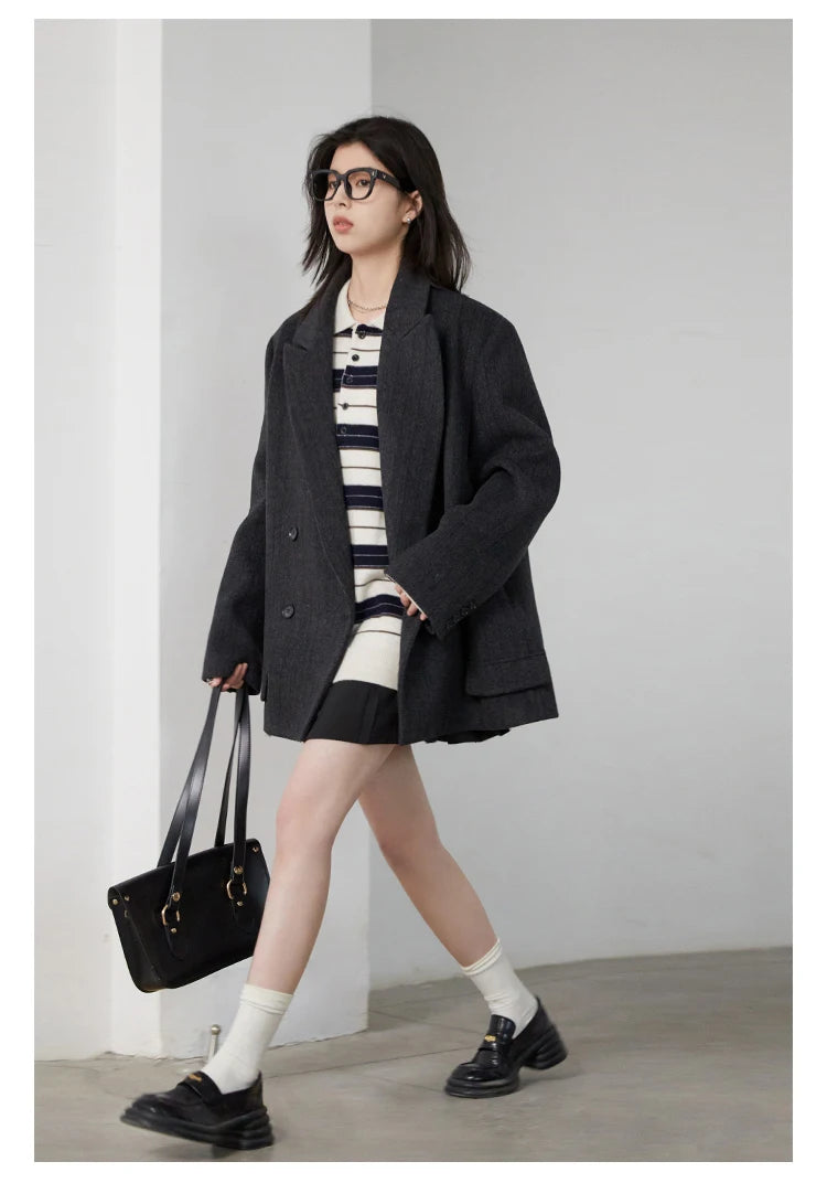CHIC VEN Women Woolen Blazer Loose Vintage V Neck Female Jacket Suit Double Breasted Office Ladies Coat Spring Autumn 2025