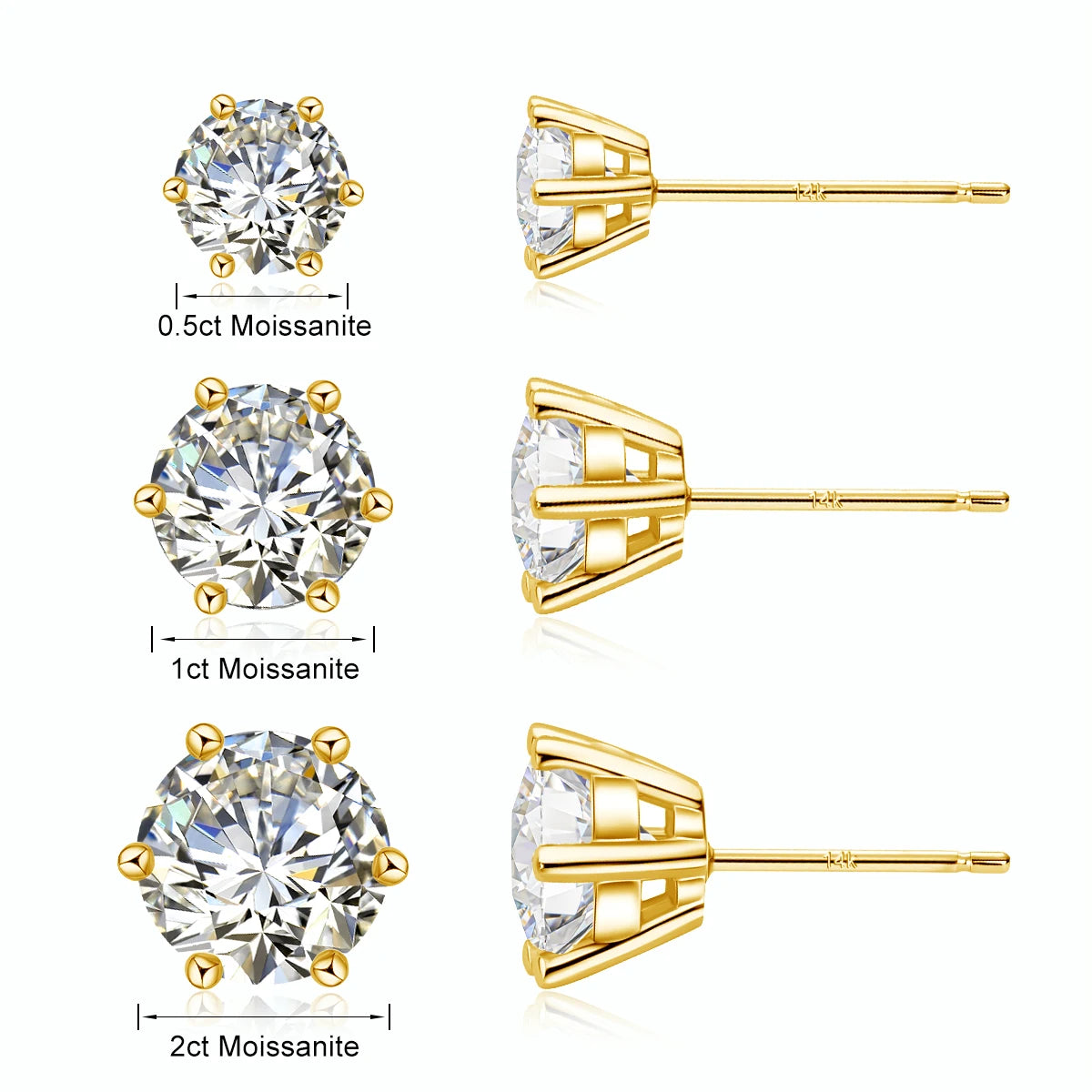 Hypoallergenic Real 14K Gold Earrings GRA Moissanite Ear Stud for Women Men Lover 0.5ct 1ct 2ct Round Earing Wedding Jewelry
