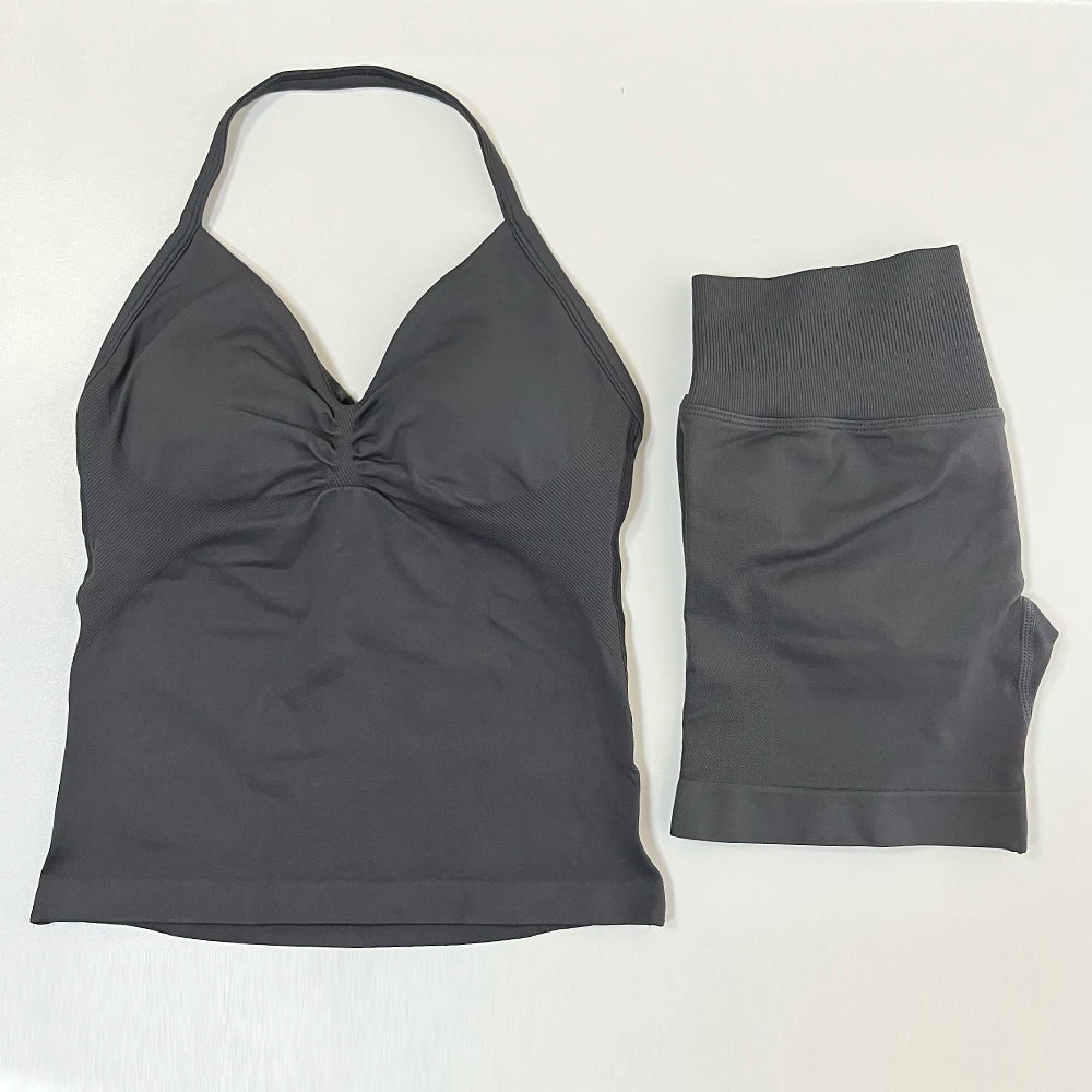 2pcs Gym Set Women Backless Tank Top and Scrunch Seamless Yoga Shorts Suits Fitness Yoga Set Activewear Workout Sets Sports Suit