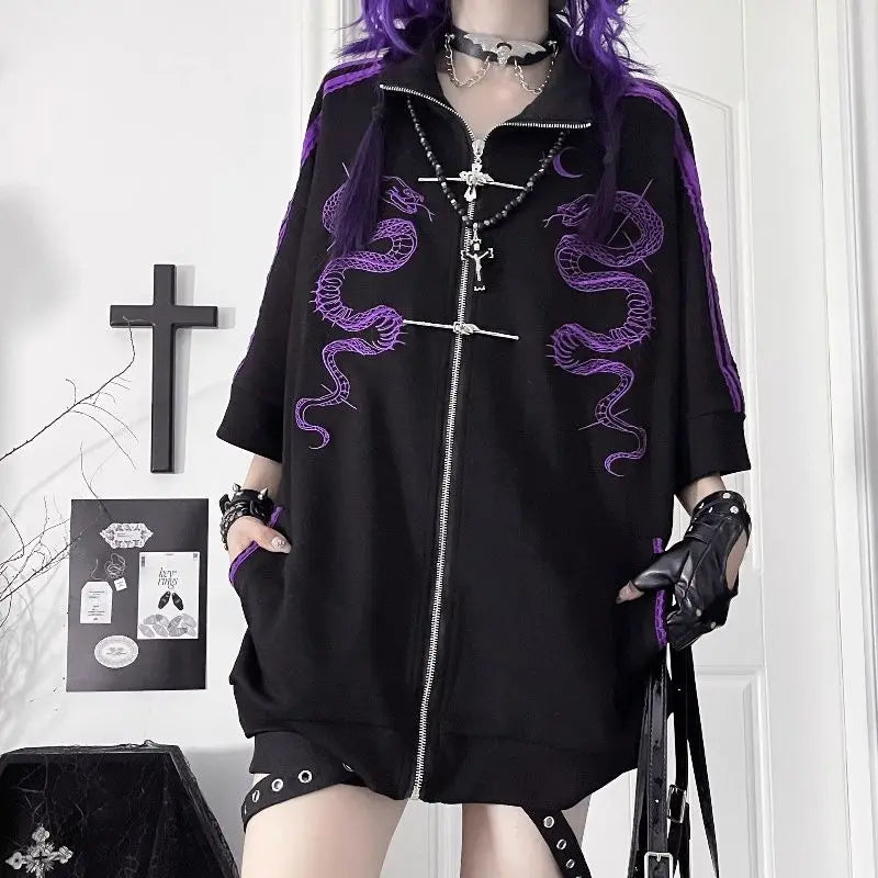 ストリートウェア パンク パーカー コート レディース 服 プリント ジッパー 半袖 スウェットシャツ カジュアル ファッション 夏 オーバーサイズ パーカー Y2K トップス