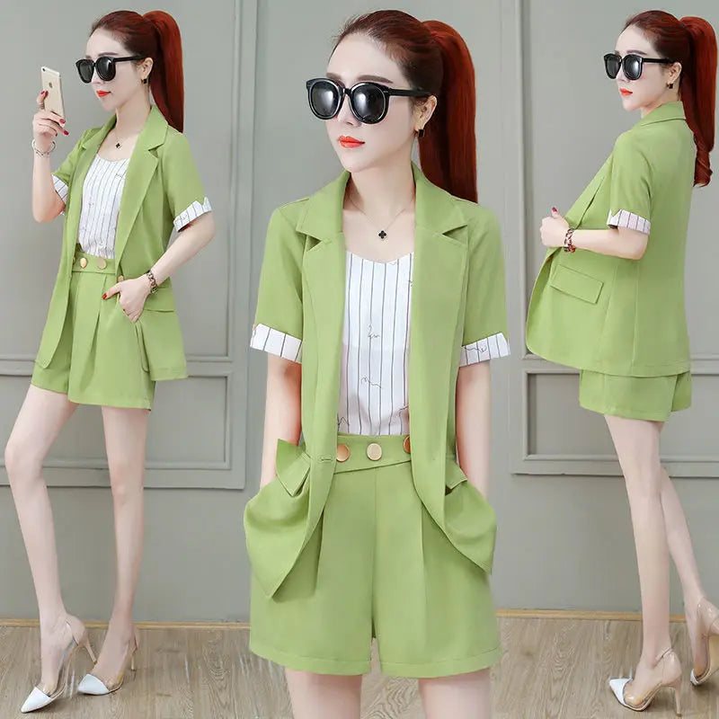 2025 Summer New Suit Jacket Shorts Suspenders Three-piece Women's Professional Wear Korean Fashion Blazers Coat Vest Pants Set