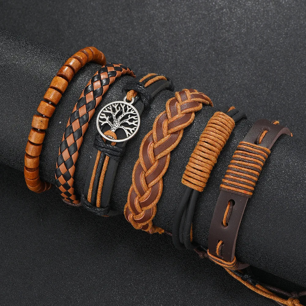 Red 6 Pc/set Tree Black Wrap Woven Handmade Wood Beads Bracelets Male Women Leather Bracelets Men Bangle Wholesale Jewelry Gift