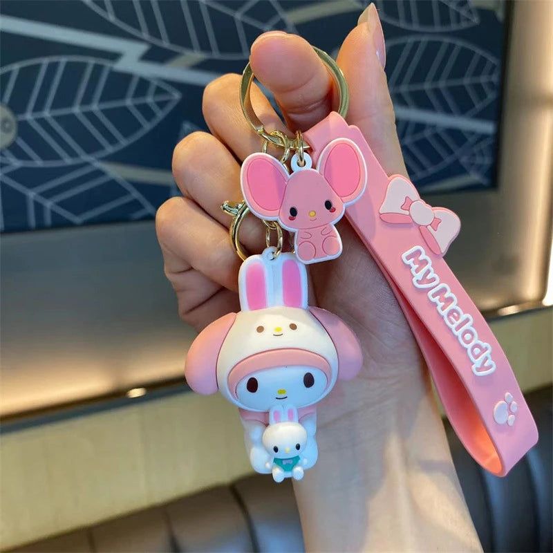Sanrio Cute Girl Keychain Bag Pendant Pink Kuromi Melody Cinnamoroll Car Key Sanrio Accessories Set Ring Backpack Holiday Gifts