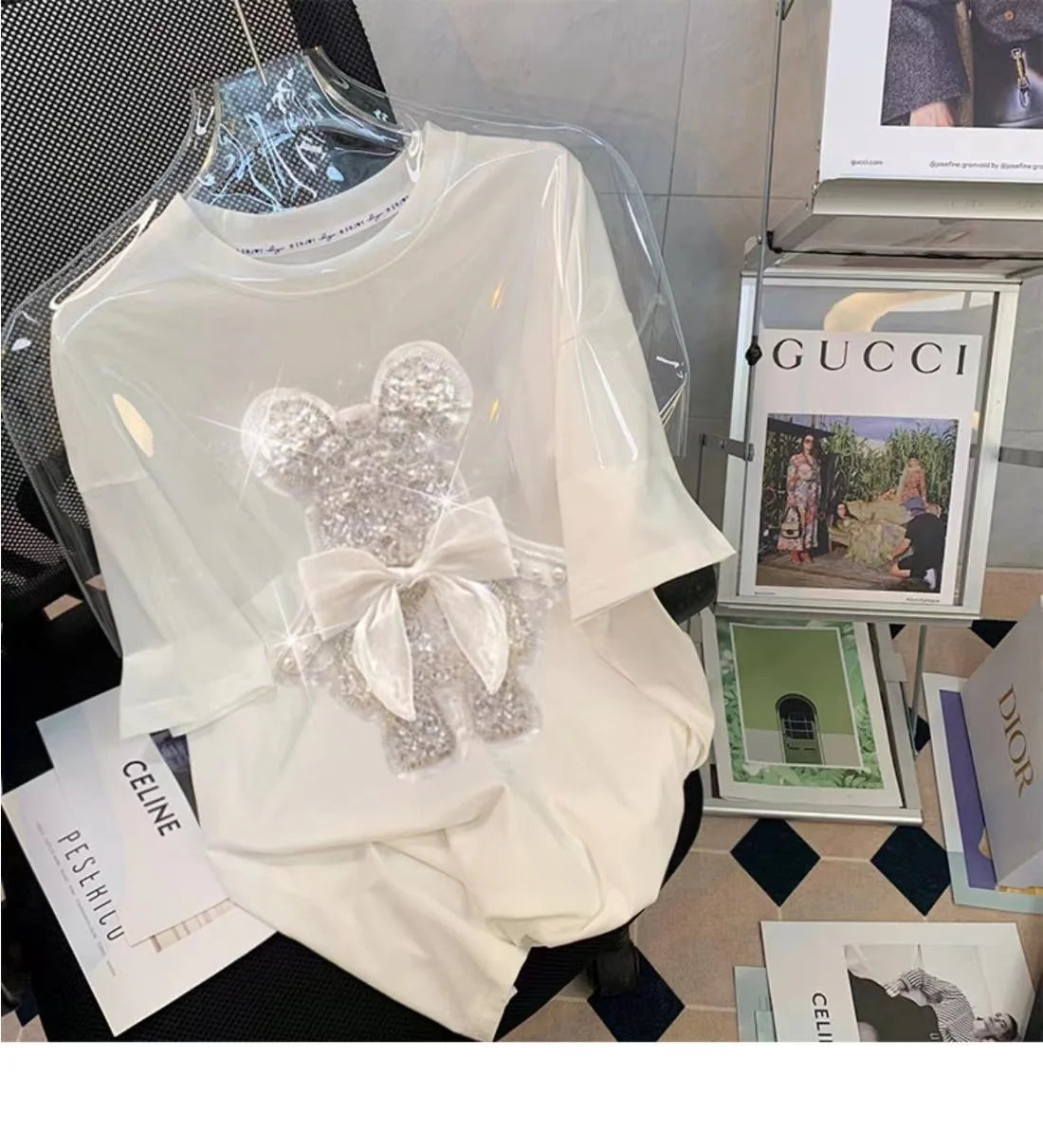 Heavy Industry Rabbit Sequins White Short-Sleeve T-shirt Women Sweet Contrast Color Mesh Cute Flowers Rabbit T Shirt Summer Tees