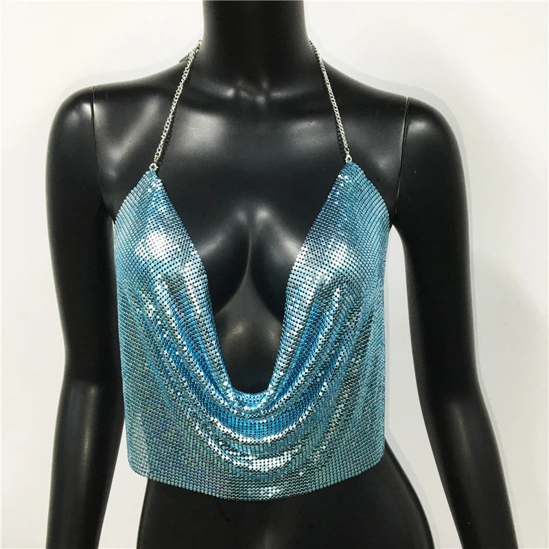 Glitter Metal Sequins Backless Camisole For Women Sexy Deep V Neck Halter Neck Sleeveless Tank Top Lady Nightclub Party Crop Top
