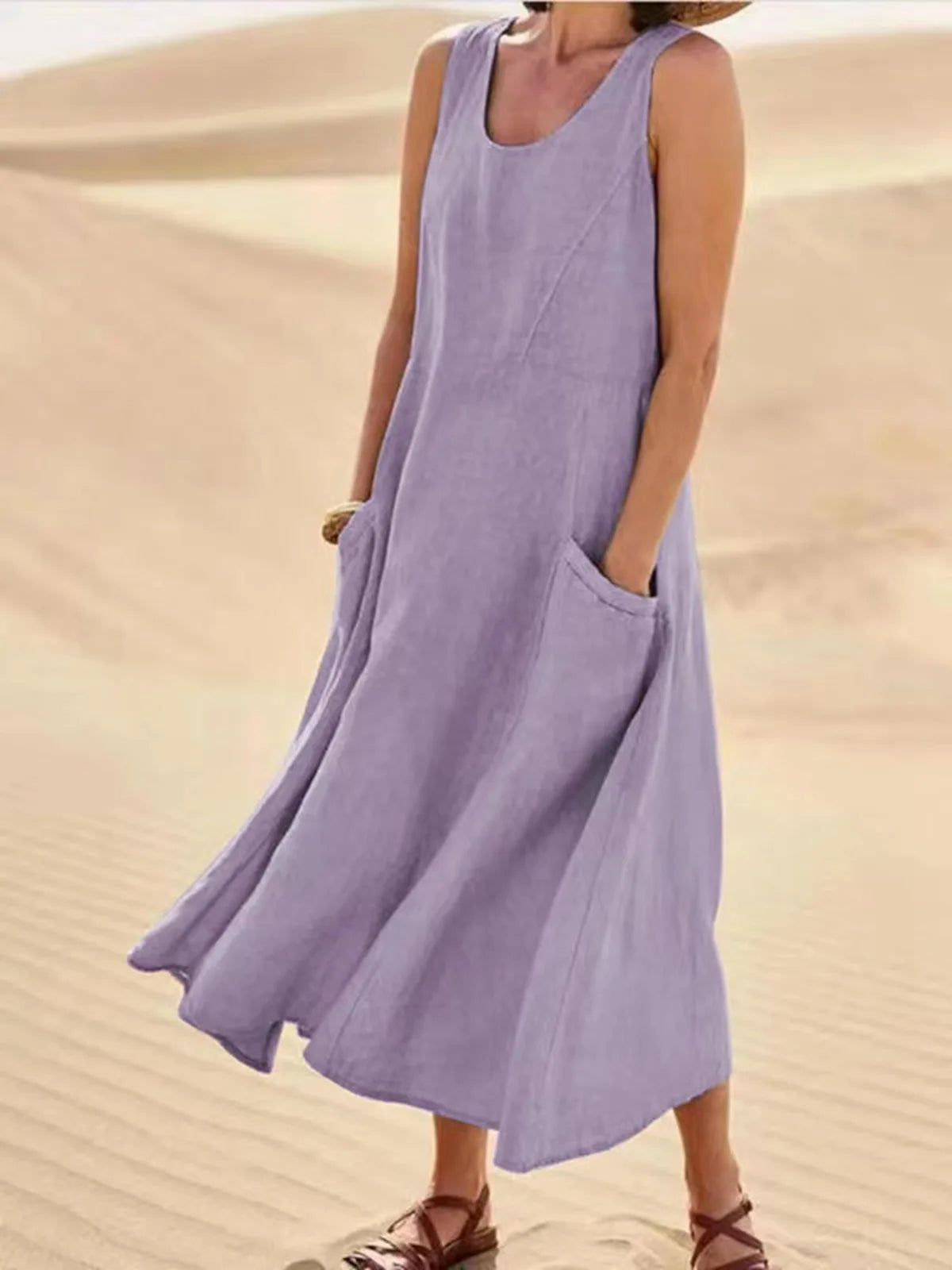 Chic Women Coton Linen Sundress Summer Female Sleeveless Double Big Pocket Loose Sand Beachwear Long Dress Oversized Vestidos