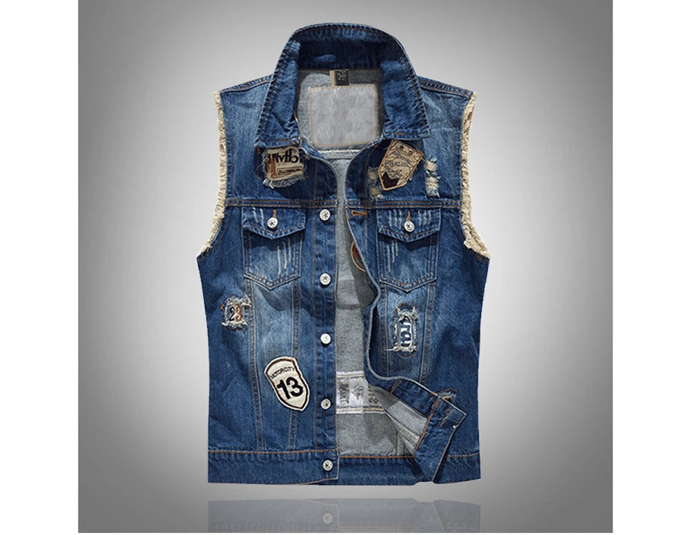 Spring Summer Men's Denim Vest Fashion Male Hip Hop Patch Hole Waistcoats Male Night Club Party Jeans Sleeveless Jacket Clothing
