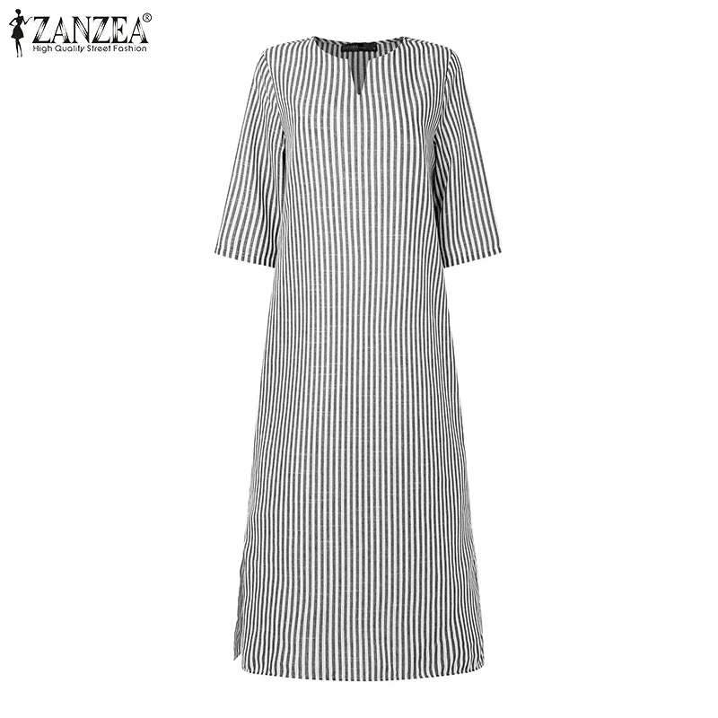 2025 Autumn Striped Dresses ZANZEA Fashion Women V Neck Long Sleeve Work Dress Elegant Office OL Sundress Maxi Long Vestido Robe