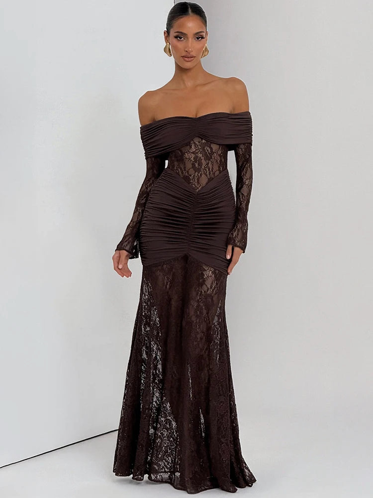 Mozision Off-shoulder Long Sleeve Sexy Maxi Dress Women Fashion Lace See Through Strapless Backless Bodycon Club Party Dresses