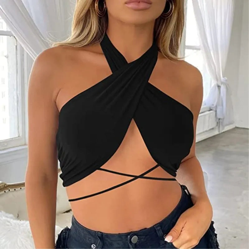 Y2K Women’s Sexy Tops 2023 New Sexy Solid Fitted Halter Backless Crop Tops Summer Party Women Sleeveless Vest