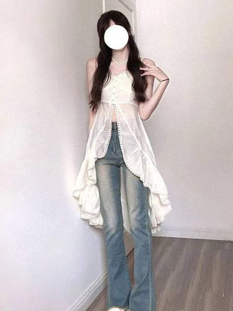 Sweet Print Slim Camisole Summer High Street Coquette Asymmetrical Tees New American Style Sexy Gyaru Halter Top Women Design