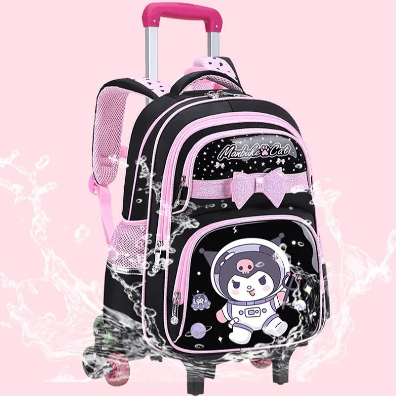 New Kuromi Trolley School Bag Melody Girls Trolley Bag Stationery Storage 2 Wheels/6 Wheels Telescopic Folding Climbing Floors