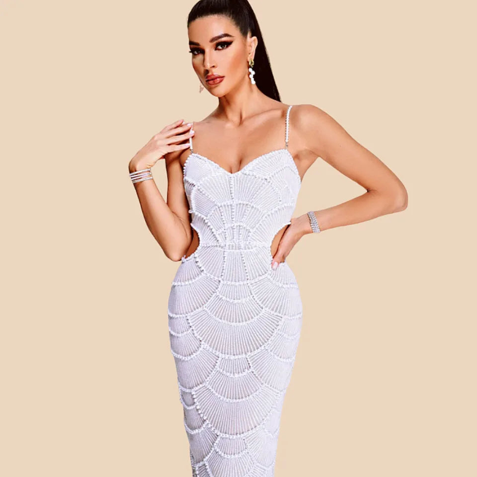 Deluxe Exquisite Sequin Beaded Sexy Hollow Suspender Dress Celebrity Birthday Party Dinner Dress Sweet Date Prom Dress