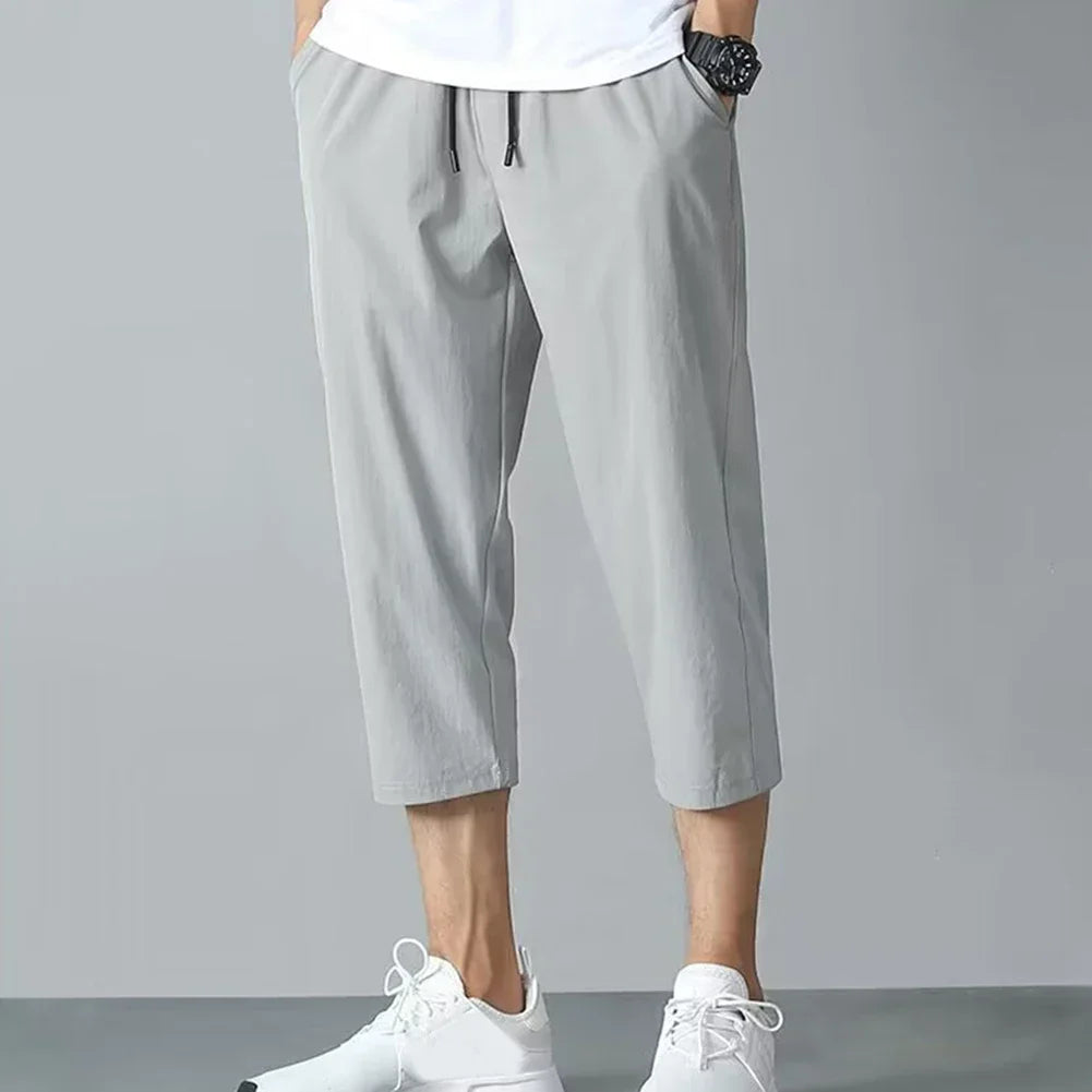 2025 New Summer Men's Ice Silk Pants Hong Kong Style Trendy Loose-Fit Straight-Leg Cropped Pants Korean Version Casual Pants